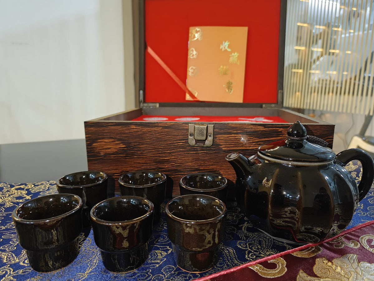 Black Mirror Glaze JianZhan Teapot & 6 Cups Set | 张家华