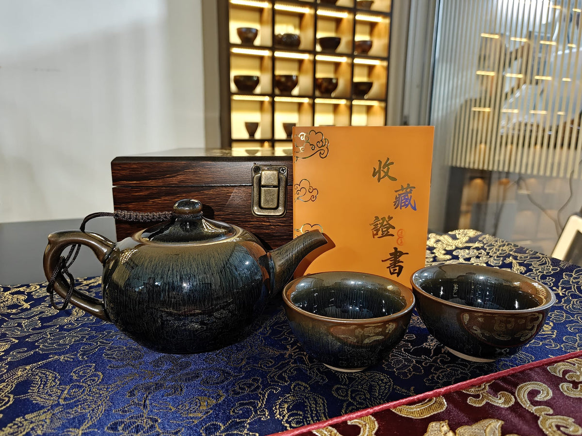 Teal Hare's Fur JianZhan Teapot & 2 Cups Set | 张家华