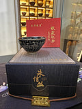 Black silver snowflake JianZhan tea bowl by 朱信丝 with navy gift box and collector's certificate