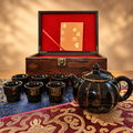 Black mirror glaze JianZhan teapot and 6 cups set by 张家华 with rosewood gift box and collector's certificate